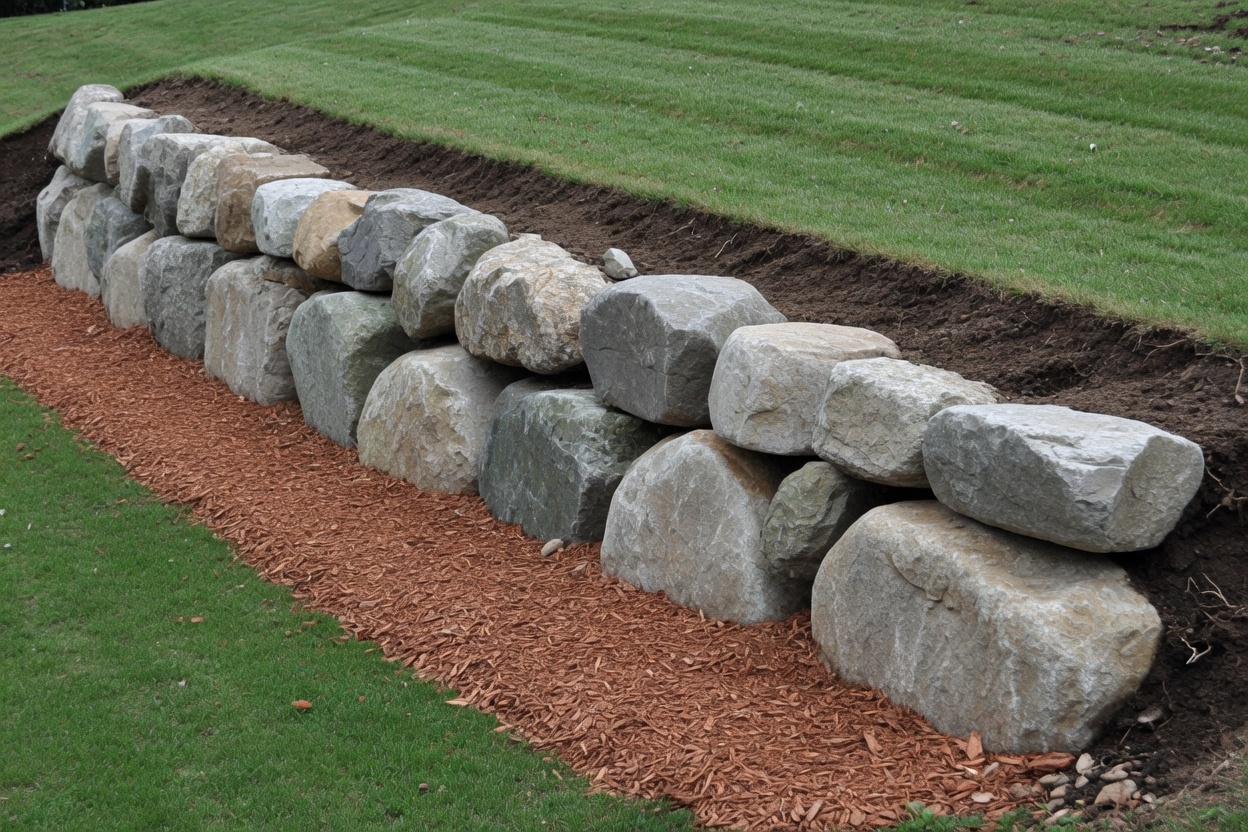 Large gray and tan boulders stacked into a retaining wall beside a lawn, with wood mulch along the base.